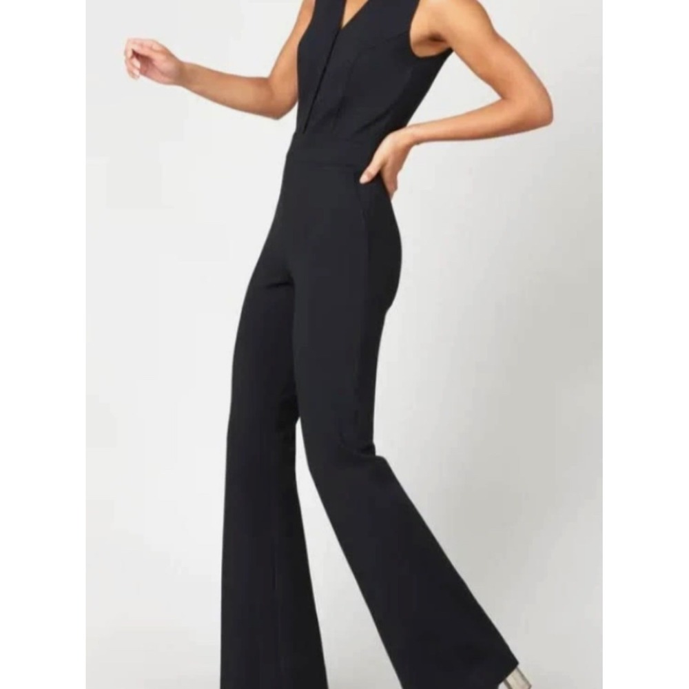 SPANX Perfect Sleeveless Ponte Jumpsuit Flare Leg Black Stretch Pull On Womens L